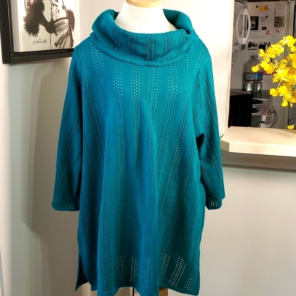 Woman Within Teal Cowl Neck Tunic Sweater